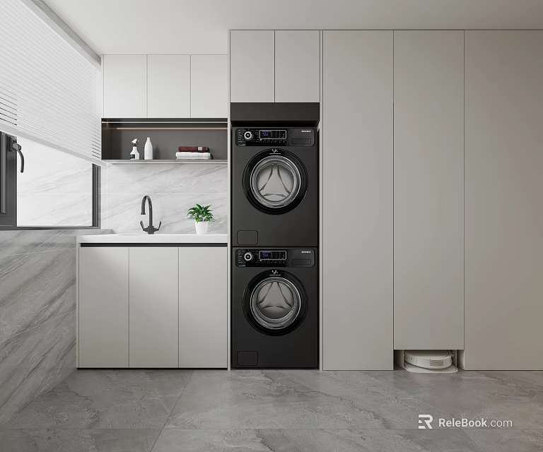 Modern Home Balcony Laundry Area With Stacked Washing Machine Dryer Cabinets Sink And Plants 3d model 