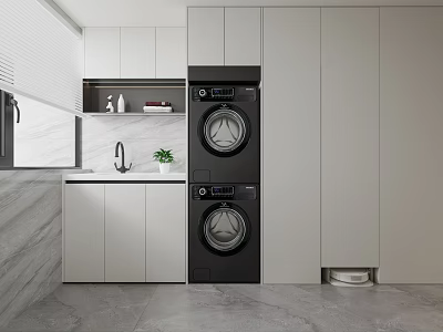 Modern Home Balcony Laundry Area With Stacked Washing Machine Dryer Cabinets Sink And Plants 3d model