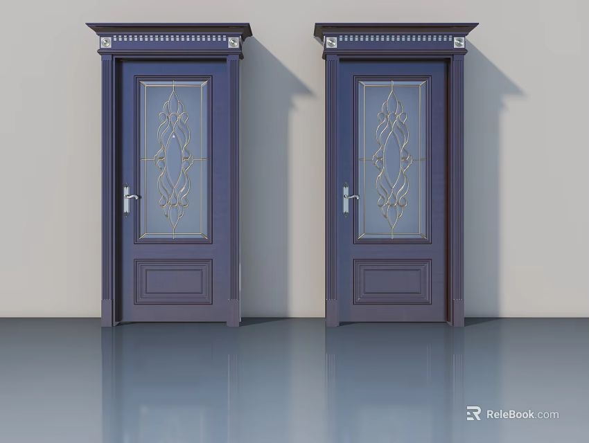 Elegant Dark Blue Swing Doors With Decorative Glass Patterns And Silver Handles 3d model