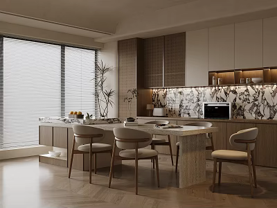 Modern Restaurant Interior Featuring Dining Table Chairs Large Windows With Blinds Marble Countertop And Cabinets 3d model