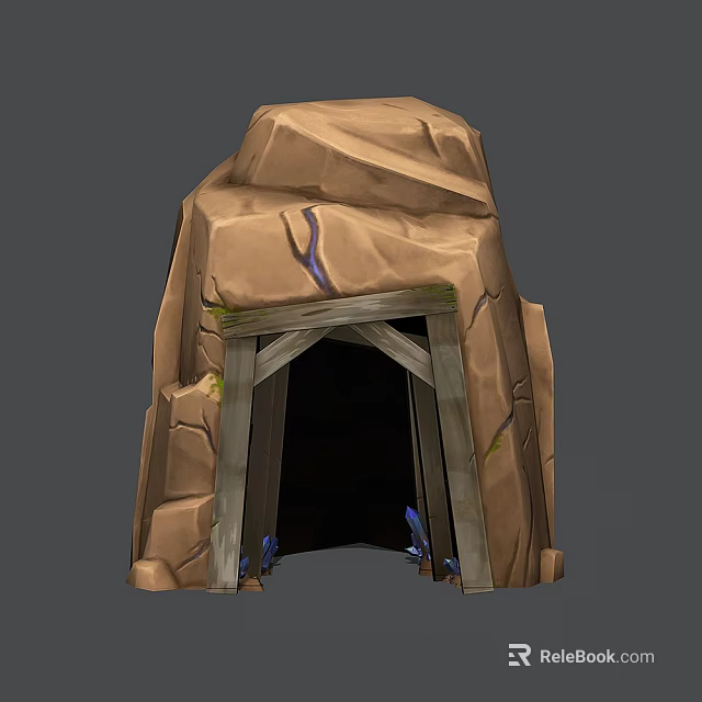 Cartoon Scene of Rock Cave Entrance With Wooden Frame Green Moss and Blue Elements 3d model 