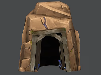 Cartoon Scene of Rock Cave Entrance With Wooden Frame Green Moss and Blue Elements 3d model