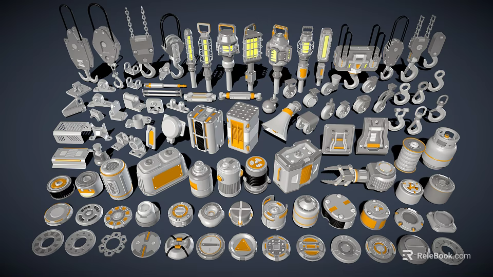 Industrial Equipment Parts in Gray with Orange Details Including Hoists Lights and Wheels 3d model 