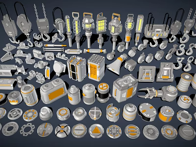 Industrial Equipment Parts in Gray with Orange Details Including Hoists Lights and Wheels 3d model
