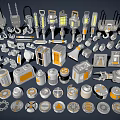 Industrial Equipment Parts in Gray with Orange Details Including Hoists Lights and Wheels