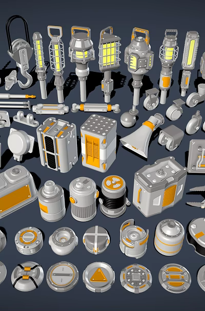 Industrial Equipment Parts in Gray with Orange Details Including Hoists Lights and Wheels 3d model