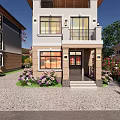 Twin Modern Detached Villas Exterior With Large Windows And Evening Lighting