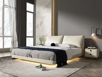 Modern Bedroom Interior Design With Beige Headboard Gray Bedding Black Throw And Marble Wall 3d model