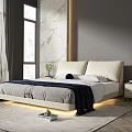 Modern Bedroom Interior Design With Beige Headboard Gray Bedding Black Throw And Marble Wall