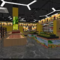 Modern Supermarket Grocery Store Interior With Fresh Fruits Display And Shelves