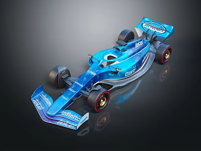 Sleek Blue Formula Racing Car With Aerodynamic Body Rear Wing And Sponsor Logos 3d model