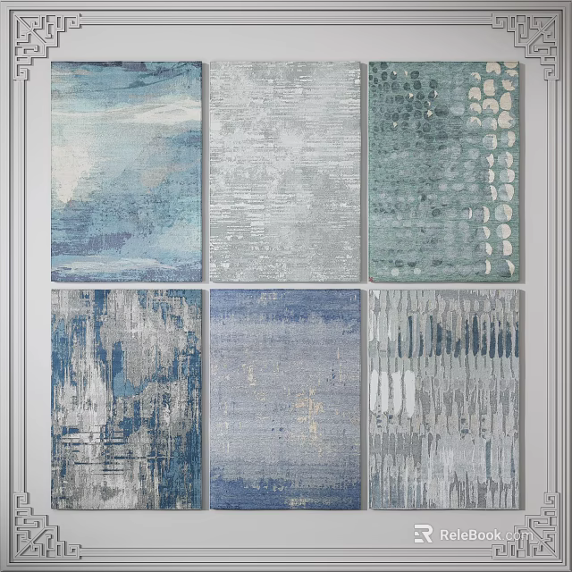 Six Blue And Gray Square Rugs With Abstract Textures And Patterns 3d model