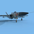 Camouflage Painted Fighter Jet With Sharp Nose Landing Gear On Blue Background
