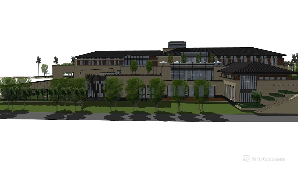 Commercial Complex With Modern Glass Facade Multi Storey Design And Green Landscaping 3d model 
