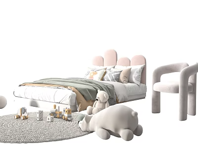 Pink Cloud Shaped Kids Bed With Cozy Blanket Pillows Stuffed Toys Armchair And Rug 3d model