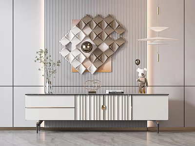 Modern White TV Stand With Metal Legs Vertical Striped Wall And Geometric Decor 3d model