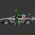 Game Movie Characters with Various Outfits Standing Together by DeLorean Car in Group Pose