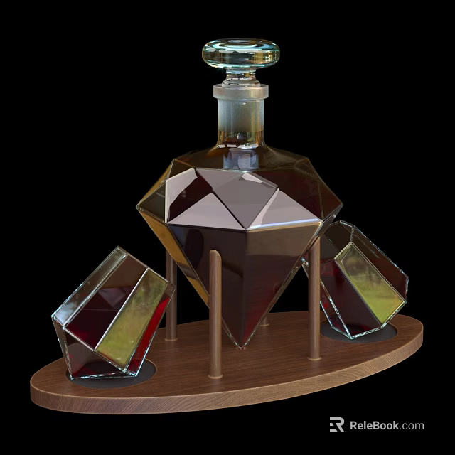 Geometric Wine Decanter with Amber Liquid and Crystal Glasses on Wooden Base 3d model 