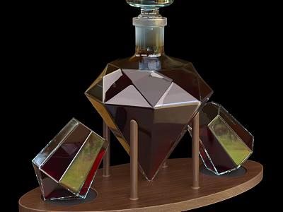 Geometric Wine Decanter with Amber Liquid and Crystal Glasses on Wooden Base 3d model