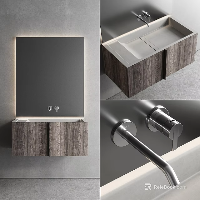 Contemporary Bathroom Vanity Design With Wooden Cabinet Mirror And Silver Faucet 3d model 