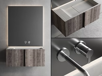 Contemporary Bathroom Vanity Design With Wooden Cabinet Mirror And Silver Faucet 3d model