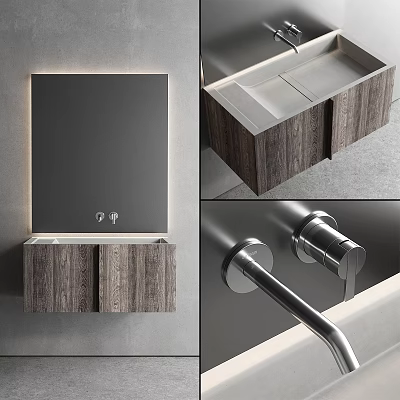 Contemporary Bathroom Vanity Design With Wooden Cabinet Mirror And Silver Faucet 3d model