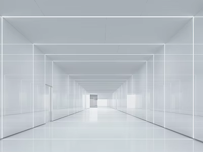 Spacious White Elevator Corridor with Linear Design and Reflective Floor in Modern Minimalist Style 3d model