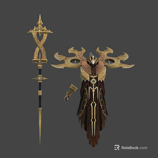 Mythical Horned Character In Dark Robe With Golden Ornaments And Intricate Staff 3d model 