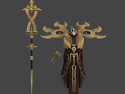 Mythical Horned Character In Dark Robe With Golden Ornaments And Intricate Staff 3d model