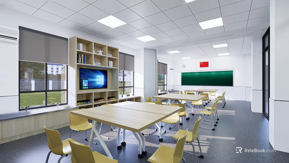 School Classroom Interior With Green Blackboard Yellow Chairs Bookshelves TV And Windows 3d model 