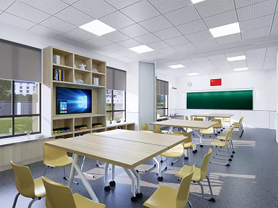 School Classroom Interior With Green Blackboard Yellow Chairs Bookshelves TV And Windows 3d model
