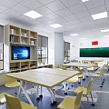 School Classroom Interior With Green Blackboard Yellow Chairs Bookshelves TV And Windows