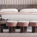 Elegant Modern Bedroom Interior With Striped Wall Panel Circular Art And Pink Stools