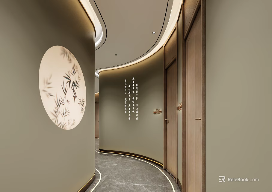 Elevator Corridor With Curved Walls Bamboo Art And Modern Lighting 3d model