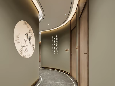 Elevator Corridor With Curved Walls Bamboo Art And Modern Lighting 3d model