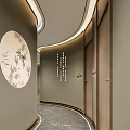 Elevator Corridor With Curved Walls Bamboo Art And Modern Lighting