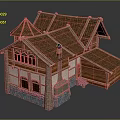 Traditional House 3D Model With Red Tiled Roof Wooden Structure And Stone Base