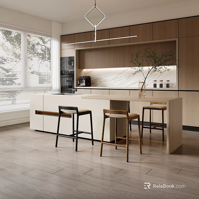 Modern Kitchen Interior With Island Counter Stools Wooden Cabinets And Natural Light 3d model 