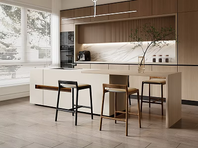 Modern Kitchen Interior With Island Counter Stools Wooden Cabinets And Natural Light 3d model