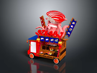 Mobile Commercial Takoyaki Food Cart With Octopus Decor And Red White Design For Street Business 3d model