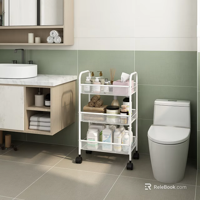 Modern White 3 Tier Bathroom Storage Cart With Rolling Design And Toiletries Towels 3d model 