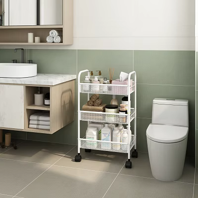 Modern White 3 Tier Bathroom Storage Cart With Rolling Design And Toiletries Towels 3d model