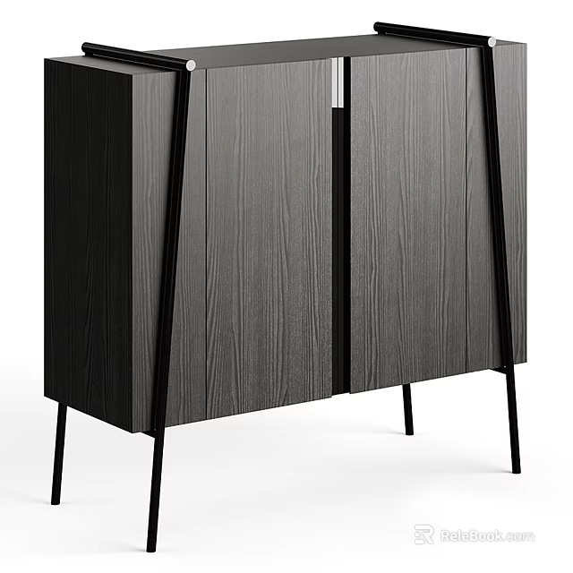 Modern Black Entryway Console Cabinet With Wood Grain Finish And Metal Legs 3d model 
