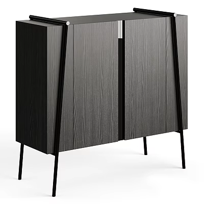 Modern Black Entryway Console Cabinet With Wood Grain Finish And Metal Legs 3d model