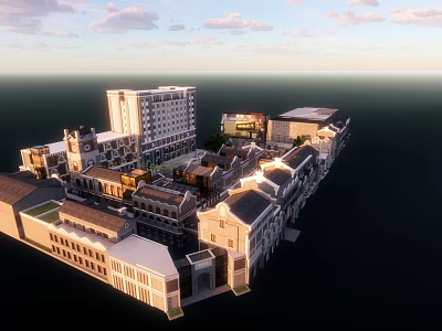 Aerial View of Urban Building Cluster with Modern and Traditional Architecture Under Cloudy Sky 3d model