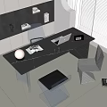 Modern Black Home Office Desk With Laptop Lamp Books Chair And Bookshelf