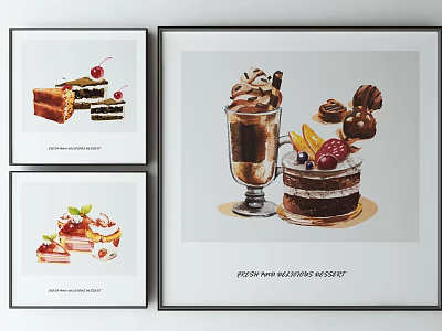 Three Framed Posters Featuring Delicious Desserts Cake Ice Cream Chocolate For Fresh Home 3d model