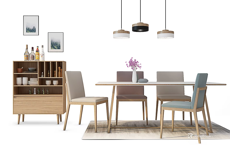 Modern Dining Table Set With Chairs Sideboard Pendant Lights And Wall Art 3d model