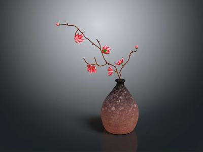 Carved Vase Sculpture With Textured Brown Surface And Pink Flower Branches On Dark Background 3d model
