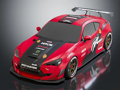 Red Honda Modified Race Car with Large Rear Spoiler and Sponsor Logos 3d model